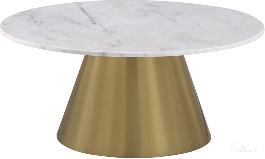 The appearance of Jacobsen 36 Inch Round Marble Coffee Table In White/Brushed Gold designed by Best Master Furniture in the modern / contemporary interior design. This white piece of furniture  was selected by 1StopBedrooms from Jacobsen Collection to add a touch of cosiness and style into your home. Sku: J024C. Material: Marble. Product Type: Coffee Table. Image1