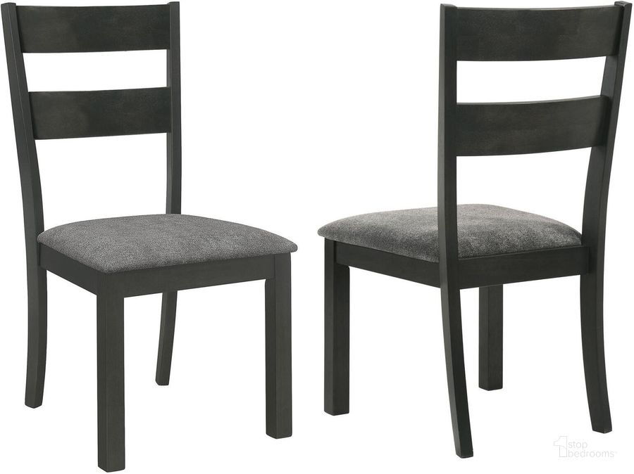 The appearance of Jakob Upholstered Side Chairs with Ladder Back Set of 2 In Grey and Black designed by Coaster in the transitional interior design. This gray and black piece of furniture  was selected by 1StopBedrooms from Jakob Collection to add a touch of cosiness and style into your home. Sku: 115132. Material: Wood. Product Type: Side Chair. Image1
