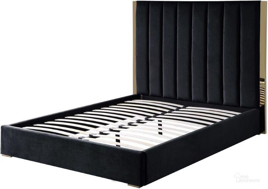 The appearance of Jalen Black Velvet California King Platform Bed With Gold Accents designed by Best Master Furniture in the modern / contemporary interior design. This black piece of furniture  was selected by 1StopBedrooms from Jalen Collection to add a touch of cosiness and style into your home. Sku: JJ039BCK. Bed Type: Platform Bed. Product Type: Platform Bed. Bed Size: California King. Material: Velvet. Image1