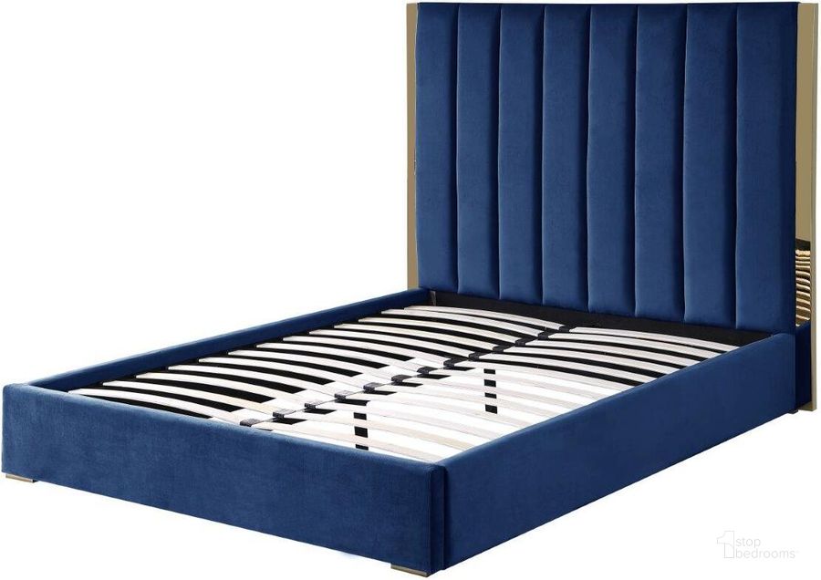 The appearance of Jalen Blue Velvet California King Platform Bed With Gold Accents designed by Best Master Furniture in the modern / contemporary interior design. This blue piece of furniture  was selected by 1StopBedrooms from Jalen Collection to add a touch of cosiness and style into your home. Sku: JJ039BLCK. Bed Type: Platform Bed. Product Type: Platform Bed. Bed Size: California King. Material: Velvet. Image1