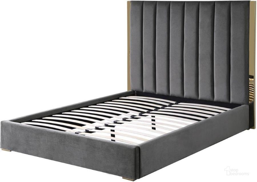 The appearance of Jalen Dark Gray Velvet California King Platform Bed With Gold Accents designed by Best Master Furniture in the modern / contemporary interior design. This dark gray piece of furniture  was selected by 1StopBedrooms from Jalen Collection to add a touch of cosiness and style into your home. Sku: JJ039DGCK. Bed Type: Platform Bed. Product Type: Platform Bed. Bed Size: California King. Material: Velvet. Image1