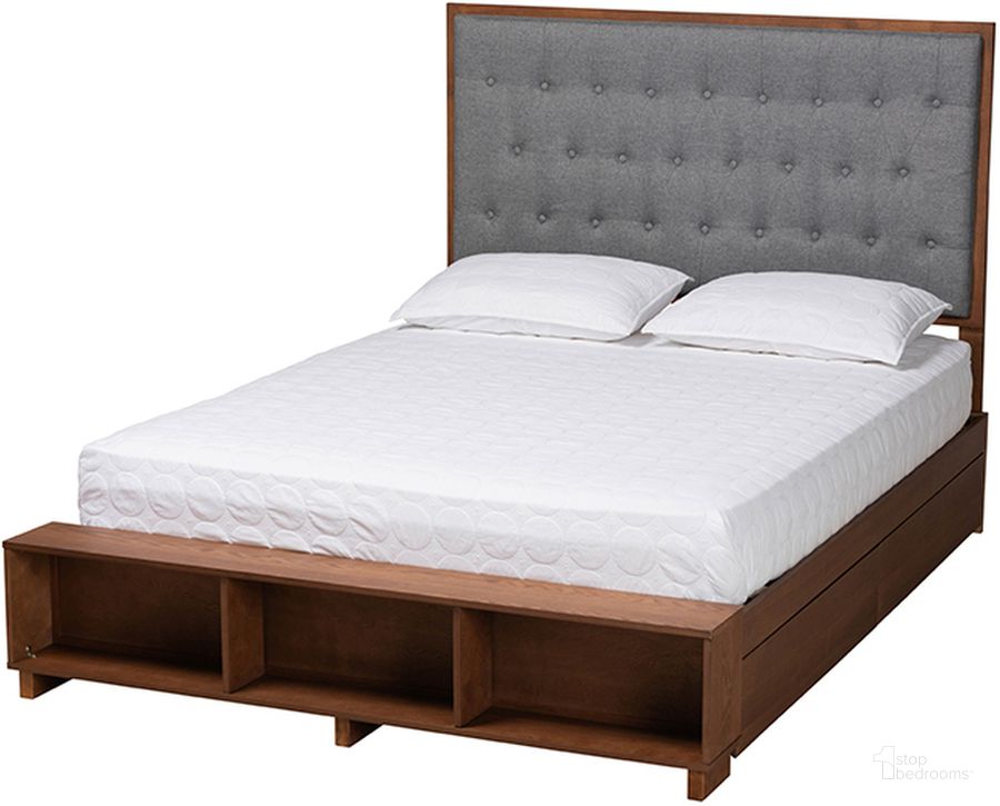 The appearance of Jalie Grey Fabric and Walnut Brown Finished Wood King Platform Storage Bed designed by Baxton Studio in the traditional interior design. This grey and walnut piece of furniture  was selected by 1StopBedrooms from Jalie Collection to add a touch of cosiness and style into your home. Sku: MG9765/6001-1S-King. Bed Type: Platform Bed. Product Type: Platform Bed. Bed Size: King. Material: Rubberwood. Image1