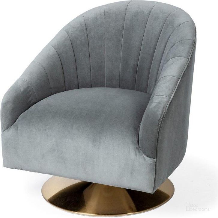 The appearance of James Ii Gray Blue Velvet Covered Seat W Gold Swivel Base Accent Chair designed by Mercana in the glam interior design. This grey and gold piece of furniture  was selected by 1StopBedrooms from James Collection to add a touch of cosiness and style into your home. Sku: 67921. Material: Metal. Product Type: Accent Chair. Image1