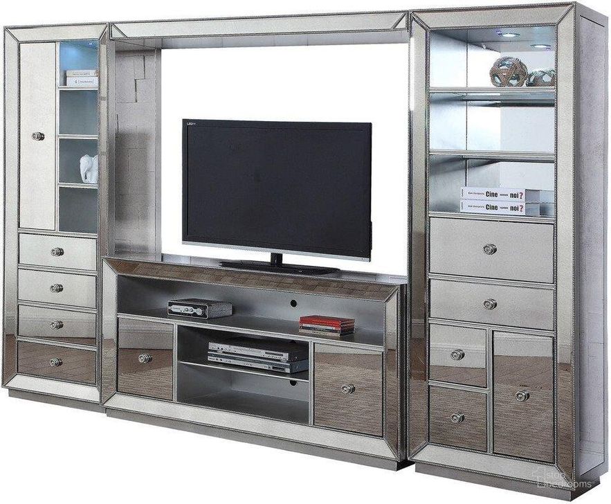 The appearance of Jameson 4 Piece Solid Wood Entertainment Center In Silver Antique designed by Best Master Furniture in the transitional interior design. This silver piece of furniture  was selected by 1StopBedrooms from Jameson Collection to add a touch of cosiness and style into your home. Sku: T1803SEC. Material: Wood. Product Type: Entertainment Center. Image1
