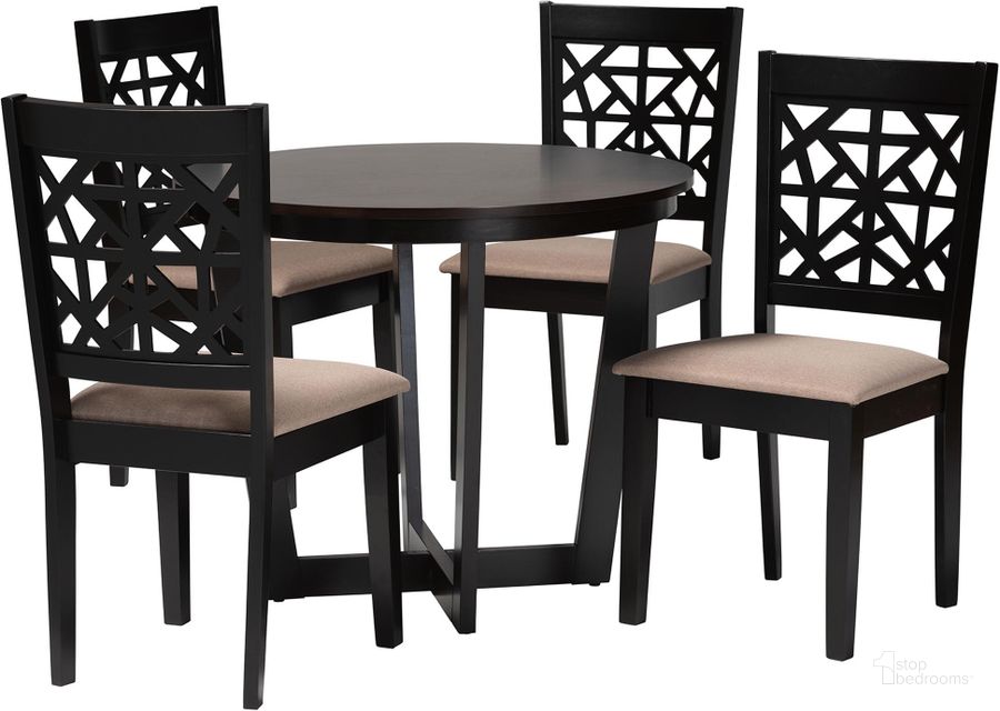 The appearance of Jamie Moden 5-Piece Dining Set In Beige Fabric and Dark Brown Finished Wood designed by Baxton Studio in the modern / contemporary interior design. This beige and dark brown piece of furniture  was selected by 1StopBedrooms from Jamie Collection to add a touch of cosiness and style into your home. Sku: Jamie-Sand/Dark Brown-5PC Dining Set. Material: Wood. Product Type: Dining Room Set. Image1