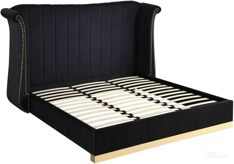 The appearance of Jamie Velvet Black King Platform Bed With Gold Accents designed by Best Master Furniture in the cabin / lodge interior design. This black piece of furniture  was selected by 1StopBedrooms from Jamie Collection to add a touch of cosiness and style into your home. Sku: JJ022VBLKEK. Bed Type: Platform Bed. Product Type: Platform Bed. Bed Size: King. Material: Velvet. Image1