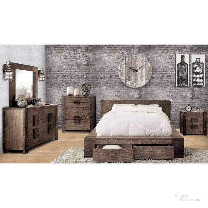 The appearance of Janeiro Eastern King Bed In Rustic Natural Tone designed by Furniture of America in the rustic / southwestern interior design. This rustic natural tone piece of furniture  was selected by 1StopBedrooms from Janeiro Collection to add a touch of cosiness and style into your home. Sku: CM7629EK-HB;CM7629EK-FB;CM7629EK-R. Bed Type: Platform Bed. Material: Wood. Product Type: Platform Bed. Bed Size: King.