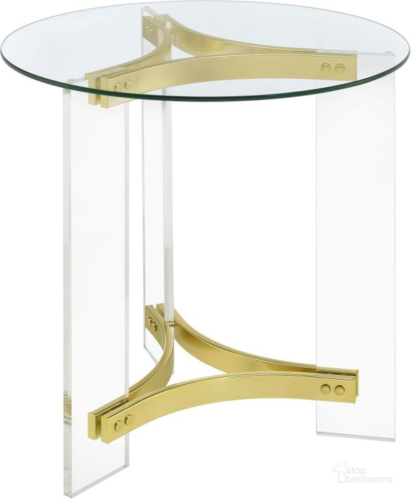 The appearance of Janessa Round Glass Top End Table with Acrylic Legs In Clear and Matte Brass designed by Coaster in the modern / contemporary interior design. This clear/matte brass piece of furniture  was selected by 1StopBedrooms from Janessa Collection to add a touch of cosiness and style into your home. Sku: 710067. Product Type: End Table. Material: Acrylic. Image1