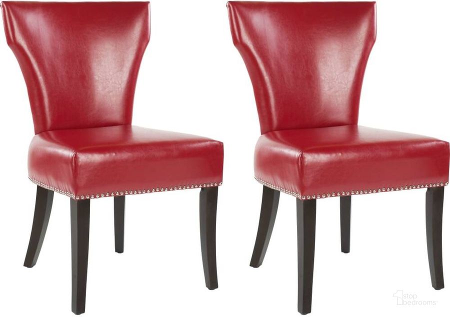 The appearance of Jappic Red and Espresso 22 Inch Side Chair with Silver Nailhead Detail designed by Safavieh in the traditional interior design. This red piece of furniture  was selected by 1StopBedrooms from Jappic Collection to add a touch of cosiness and style into your home. Sku: MCR4706D-SET2. Product Type: Dining Chair. Material: Stainless Steel. Image1