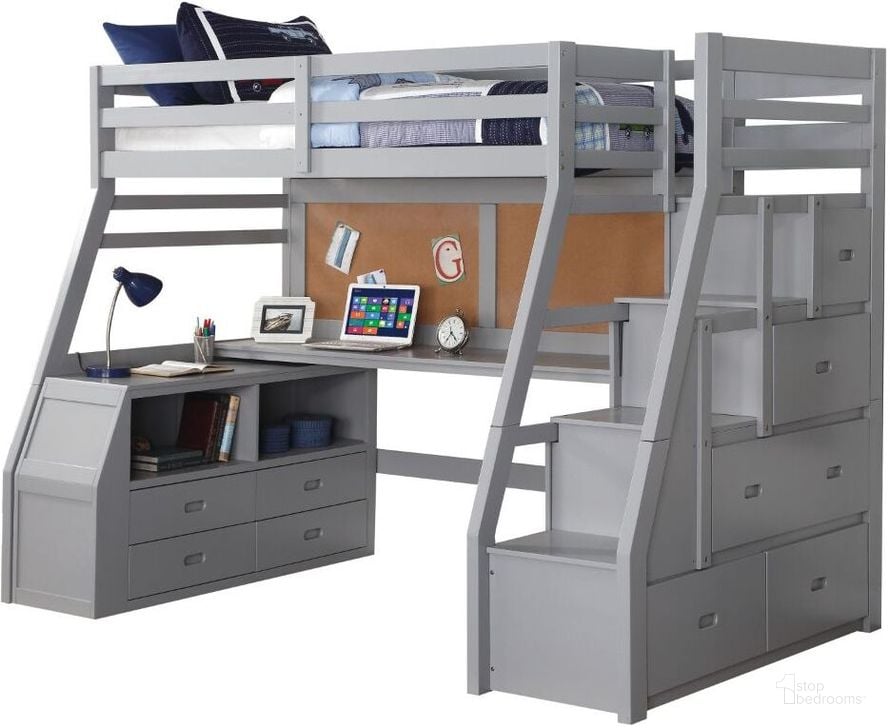 The appearance of Jason Gray Ii Loft Bed with Storage Ladder designed by ACME in the modern / contemporary interior design. This gray piece of furniture  was selected by 1StopBedrooms from Jason Ii Collection to add a touch of cosiness and style into your home. Sku: 37445HF;37446RL;37447LD;37448CH. Material: Metal. Product Type: Loft Bed. Bed Size: Twin. Bed Type: Loft Bed. Image1