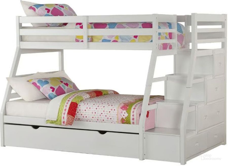 The appearance of Jason White Twin Over Full Bunk Bed with Trundle designed by ACME in the modern / contemporary interior design. This white piece of furniture  was selected by 1StopBedrooms from Jason Storage Collection to add a touch of cosiness and style into your home. Sku: 37105HF;37106RL;37107LD;37108TRN. Bed Type: Bunk Bed. Material: Wood. Product Type: Bunk Bed. Bed Size: Twin Over Full. Image1