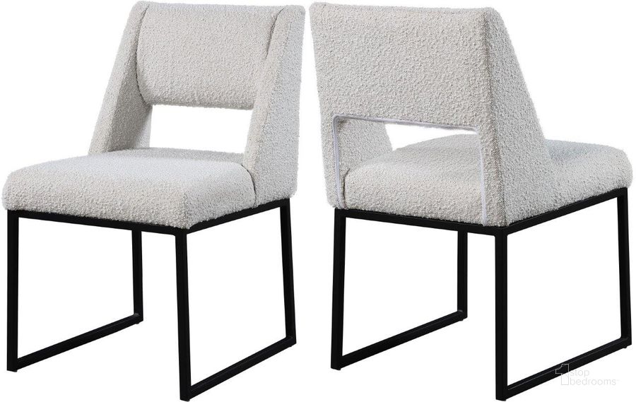 The appearance of Jayce Cream Boucle Fabric Dining Chair Set Of 2 designed by Meridian in the modern / contemporary interior design. This light gray piece of furniture  was selected by 1StopBedrooms from Jayce Collection to add a touch of cosiness and style into your home. Sku: 839Cream-C. Material: Fabric. Product Type: Dining Chair. Image1