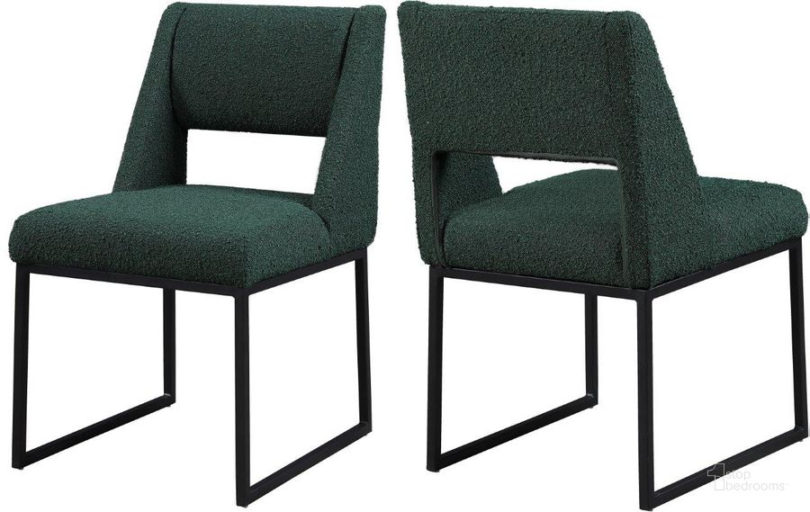 The appearance of Jayce Green Boucle Fabric Dining Chair Set Of 2 designed by Meridian in the modern / contemporary interior design. This green piece of furniture  was selected by 1StopBedrooms from Jayce Collection to add a touch of cosiness and style into your home. Sku: 839Green-C. Material: Fabric. Product Type: Dining Chair. Image1