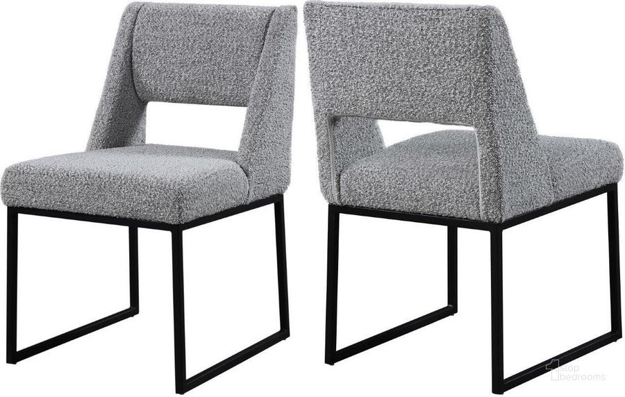 The appearance of Jayce Grey Boucle Fabric Dining Chair Set Of 2 designed by Meridian in the modern / contemporary interior design. This grey piece of furniture  was selected by 1StopBedrooms from Jayce Collection to add a touch of cosiness and style into your home. Sku: 839Grey-C. Material: Fabric. Product Type: Dining Chair. Image1