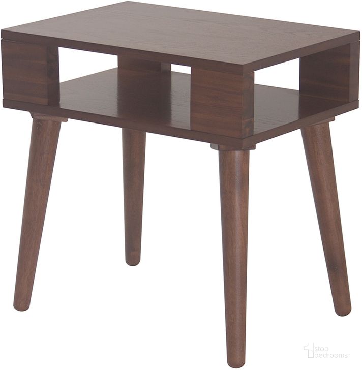 The appearance of Jayce Mid Century Wood End Table In Pecan designed by Olliix in the transitional interior design. This pecan piece of furniture  was selected by 1StopBedrooms from Jayce Collection to add a touch of cosiness and style into your home. Sku: IIF17-0009. Product Type: End Table. Material: MDF. Image1