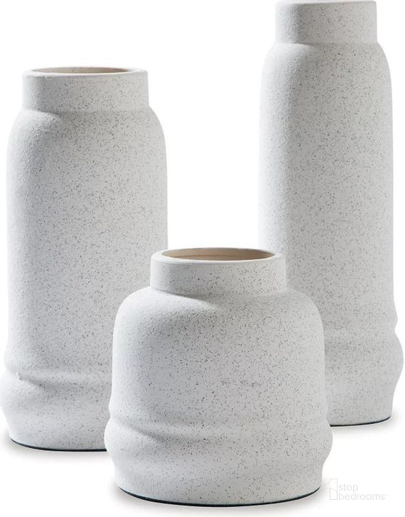 The appearance of Jayden White Vase Set of 3 designed by Signature Design by Ashley in the transitional interior design. This white piece of furniture  was selected by 1StopBedrooms from Jayden Collection to add a touch of cosiness and style into your home. Sku: A2000428. Product Type: Vase. Image1