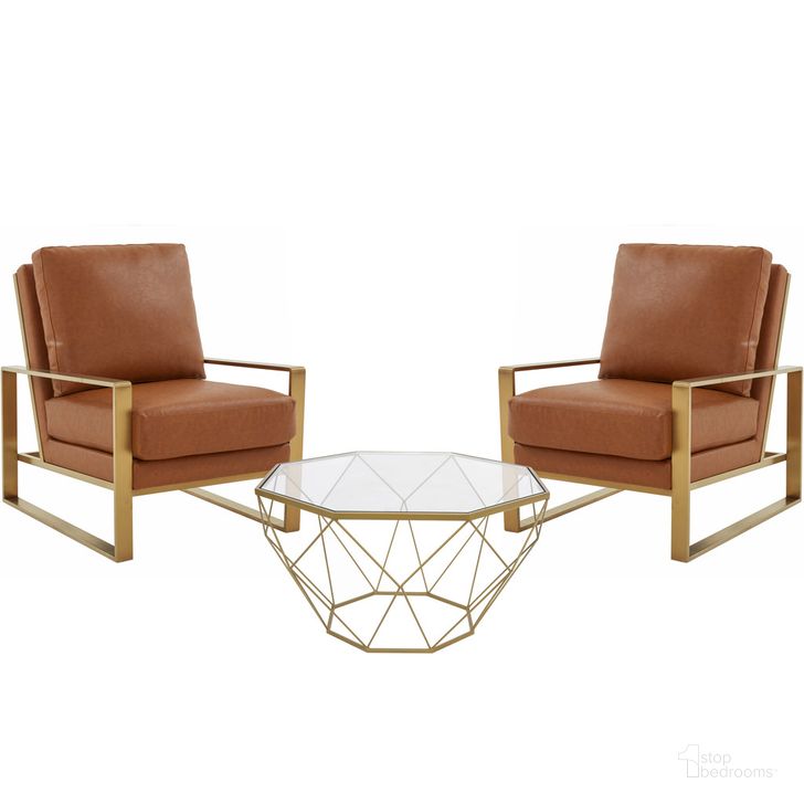 The appearance of Jefferson Arm Chair With Large Octagon Coffee Table In Cognac Tan designed by LeisureMod in the modern / contemporary interior design. This cognac piece of furniture  was selected by 1StopBedrooms from Jefferson Collection to add a touch of cosiness and style into your home. Sku: JAG29MD31BR2-L. Product Type: Coffee Table Set. Material: Stainless Steel. Image1