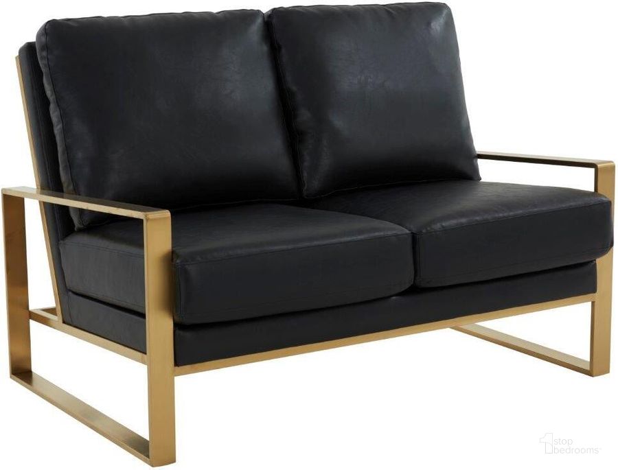 The appearance of Jefferson Leather Loveseat With Gold Frame In Black designed by LeisureMod in the modern / contemporary interior design. This black piece of furniture  was selected by 1StopBedrooms from Jefferson Collection to add a touch of cosiness and style into your home. Sku: JAG53BL-L. Material: Faux Leather. Product Type: Loveseat. Image1
