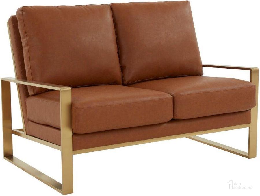 The appearance of Jefferson Leather Loveseat With Gold Frame In Cognac Tan designed by LeisureMod in the modern / contemporary interior design. This tan piece of furniture  was selected by 1StopBedrooms from Jefferson Collection to add a touch of cosiness and style into your home. Sku: JAG53BR-L. Material: Faux Leather. Product Type: Loveseat. Image1
