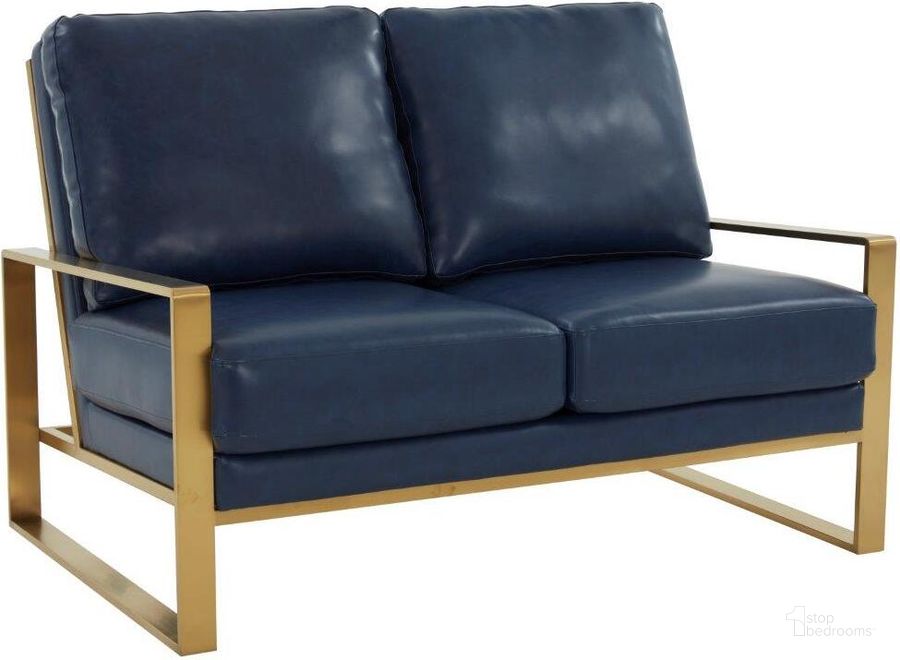 The appearance of Jefferson Leather Loveseat With Gold Frame In Navy Blue designed by LeisureMod in the modern / contemporary interior design. This navy blue piece of furniture  was selected by 1StopBedrooms from Jefferson Collection to add a touch of cosiness and style into your home. Sku: JAG53NBU-L. Material: Faux Leather. Product Type: Loveseat. Image1