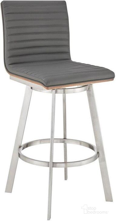 The appearance of Jermaine 30 Inch Bar Height Swivel Bar Stool In Brushed Stainless Steel Finish And Gray Faux Leather designed by Armen Living in the modern / contemporary interior design. This stainless steel piece of furniture  was selected by 1StopBedrooms from Jermaine Collection to add a touch of cosiness and style into your home. Sku: 721535762057. Material: Faux Leather. Product Type: Barstool. Image1