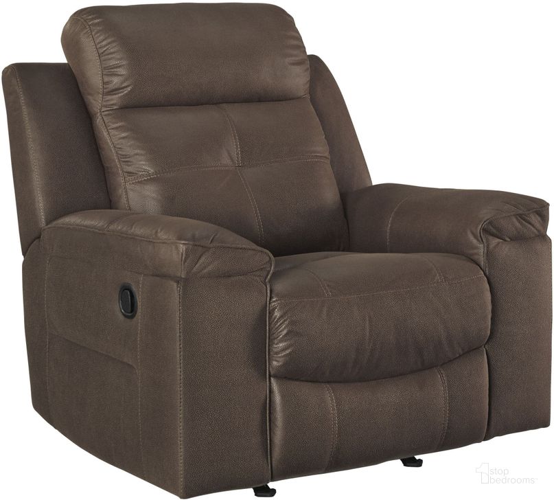 The appearance of Jesolo Rocker Recliner In Coffee designed by Signature Design by Ashley in the modern / contemporary interior design. This coffee piece of furniture  was selected by 1StopBedrooms from Jesolo Collection to add a touch of cosiness and style into your home. Sku: 8670425. Material: Fabric. Product Type: Rocker Recliner. Image1