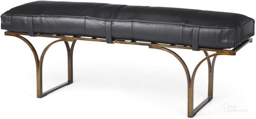 The appearance of Jessie Black Leather Seat With Gold Metal Base Accent Bench designed by Mercana in the modern / contemporary interior design. This black and gold piece of furniture  was selected by 1StopBedrooms from Jessie Collection to add a touch of cosiness and style into your home. Sku: 69061. Material: Metal. Product Type: Bench. Image1
