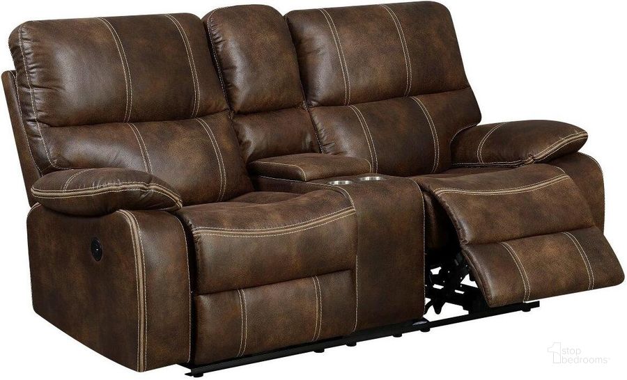 The appearance of Jessie James Power Reclining Loveseat In Chocolate Brown designed by Emerald Home Furnishings in the modern / contemporary interior design. This chocolate brown piece of furniture  was selected by 1StopBedrooms from Jessie James Collection to add a touch of cosiness and style into your home. Sku: U7130-21-15. Material: Wood. Product Type: Reclining Loveseat. Image1