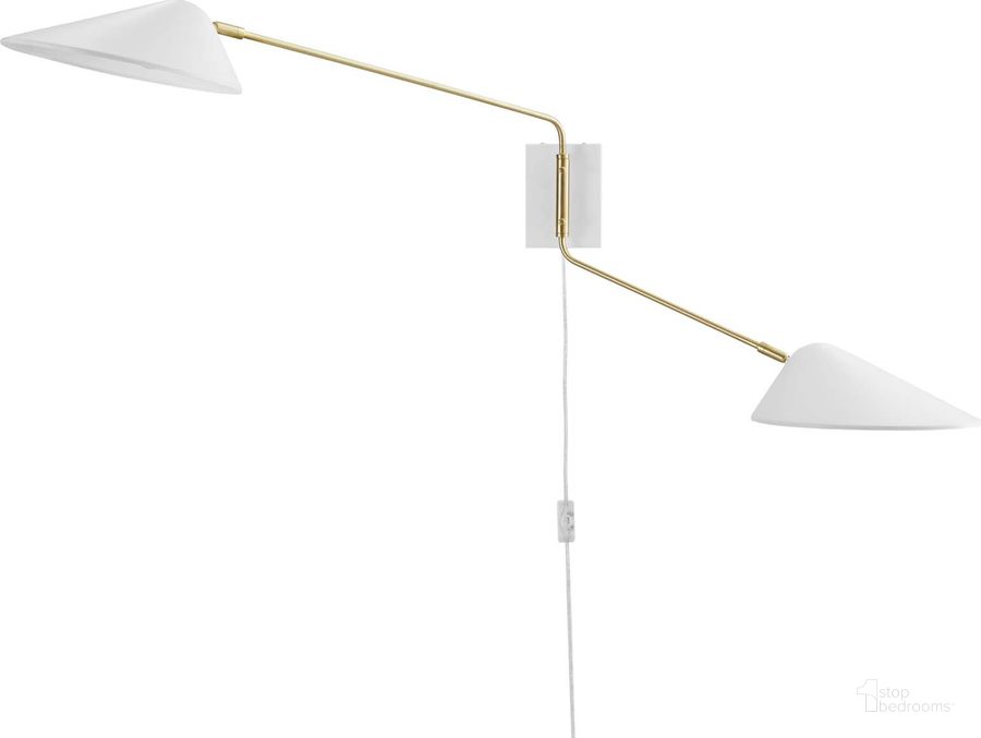 The appearance of Journey 2-Light Swing Arm Wall Sconce EEI-5294-WHI designed by Modway in the modern / contemporary interior design. This white piece of furniture  was selected by 1StopBedrooms from Journey Collection to add a touch of cosiness and style into your home. Sku: EEI-5294-WHI. Product Type: Wall Sconce. Material: Satin. Image1