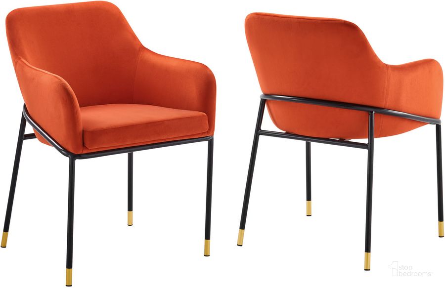 The appearance of Jovi Performance Velvet Dining Armchair Set of 2 In Orange designed by Modway in the modern / contemporary interior design. This orange piece of furniture  was selected by 1StopBedrooms from Jovi Collection to add a touch of cosiness and style into your home. Sku: EEI-6026-BLK-ORA. Product Type: Dining Chair. Material: Plywood. Image1