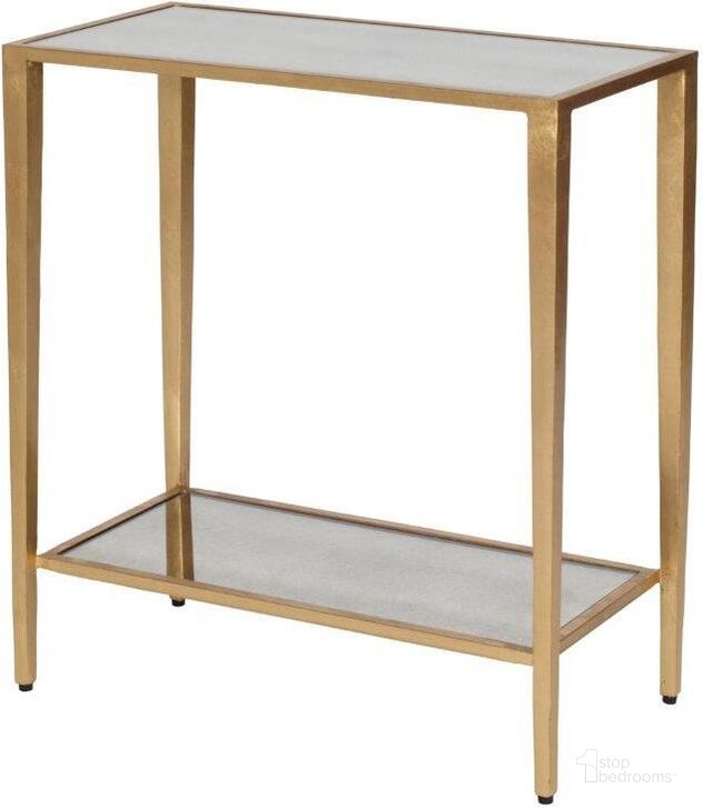 The appearance of Joyce Gold Leaf 2 Tier Rectangular Accent Table designed by Worlds Away in the modern / contemporary interior design. This gold piece of furniture  was selected by 1StopBedrooms from Joyce Collection to add a touch of cosiness and style into your home. Sku: JOYCE G. Material: Metal. Product Type: Accent Table. Image1