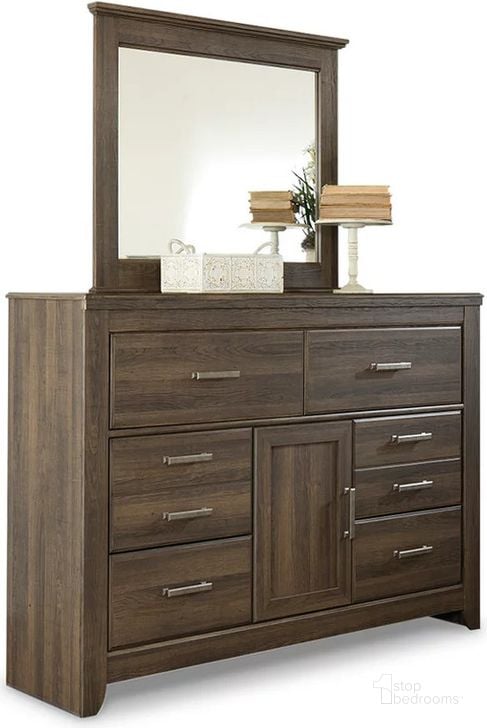 The appearance of Juararo Dresser and Mirror In Dark Brown designed by Signature Design by Ashley in the transitional interior design. This dark brown piece of furniture  was selected by 1StopBedrooms from Juararo Collection to add a touch of cosiness and style into your home. Sku: B251-31;B251-36. Material: Wood. Product Type: Dresser and Mirror. Image1