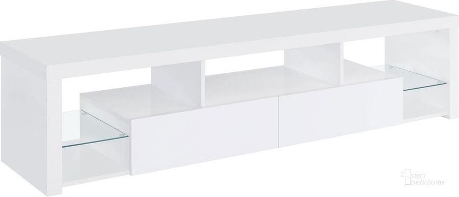 The appearance of Jude 2-Drawer 71 Inch TV Stand with Shelving In High Gloss White designed by Coaster in the modern / contemporary interior design. This white high gloss piece of furniture  was selected by 1StopBedrooms from Jude Collection to add a touch of cosiness and style into your home. Sku: 704251. Material: Wood. Product Type: TV Stand. Image1