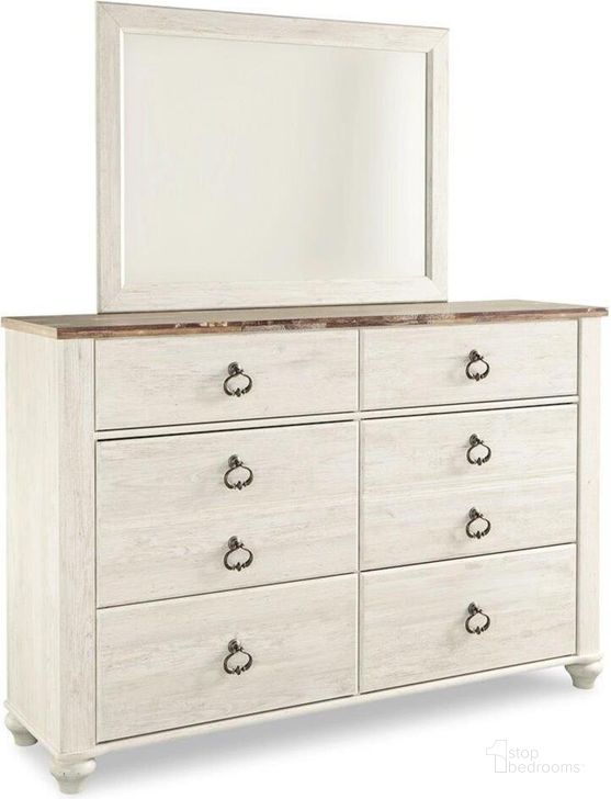 The appearance of Judith Place White Wash Dresser and Mirror 0qd24542187c designed by Harbour Home in the transitional interior design. This white wash piece of furniture  was selected by 1StopBedrooms from Judith Place Collection to add a touch of cosiness and style into your home. Sku: B267-31;B267-36. Material: Marble. Product Type: Dresser and Mirror. Image1
