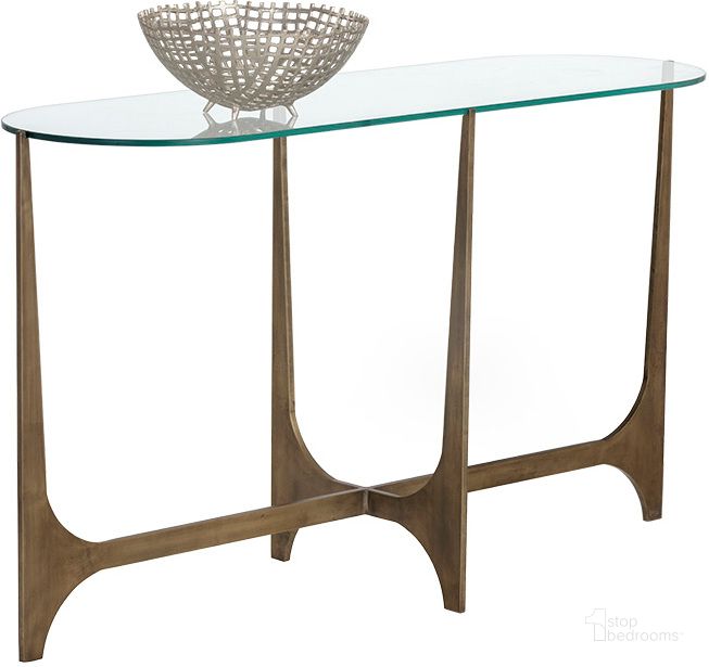 The appearance of Juliane Console Table designed by Sunpan in the transitional interior design. This gold piece of furniture  was selected by 1StopBedrooms from Juliane Collection to add a touch of cosiness and style into your home. Sku: 107031. Material: Glass. Product Type: Console Table. Image1