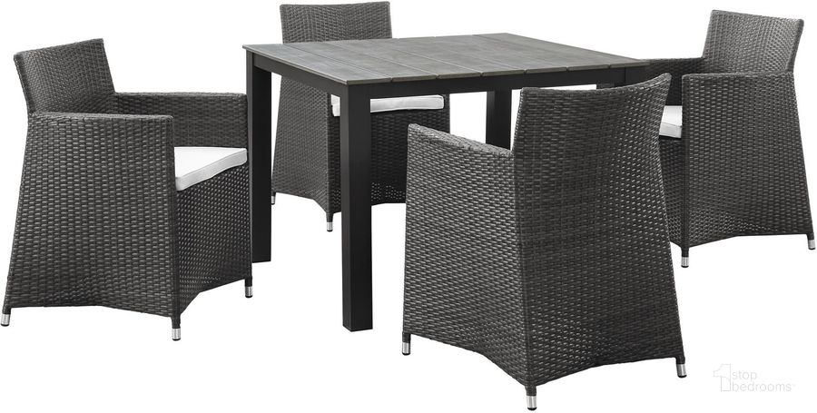 The appearance of Junction Brown White 5 Piece Outdoor Patio Dining Set EEI-1744-BRN-WHI-SET designed by Modway in the modern / contemporary interior design. This brown white piece of furniture  was selected by 1StopBedrooms from Junction Collection to add a touch of cosiness and style into your home. Sku: EEI-1744-BRN-WHI-SET. Table Base Style: Legs. Table Top Shape: Square. Material: Aluminum. Product Type: Outdoor Dining Set. Image1