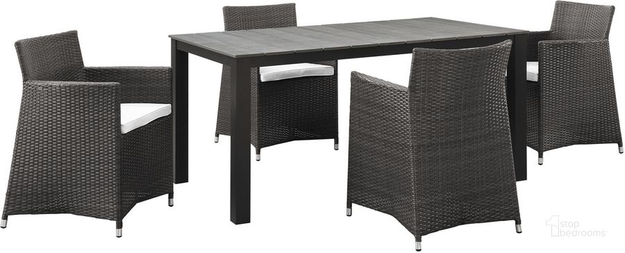 The appearance of Junction Brown White 5 Piece Outdoor Patio Dining Set EEI-1746-BRN-WHI-SET designed by Modway in the modern / contemporary interior design. This brown white piece of furniture  was selected by 1StopBedrooms from Junction Collection to add a touch of cosiness and style into your home. Sku: EEI-1746-BRN-WHI-SET. Table Base Style: Legs. Material: Polyester. Table Top Shape: Rectangular. Product Type: Outdoor Dining Set. Image1