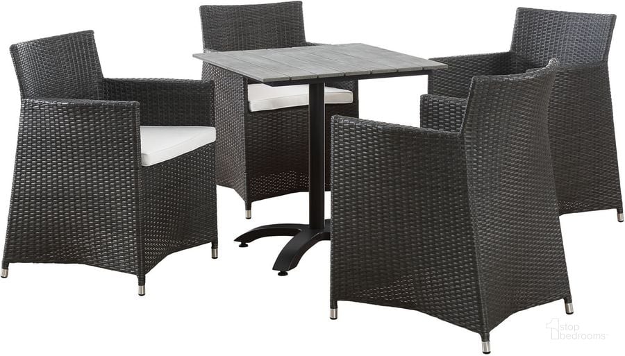The appearance of Junction Brown White 5 Piece Outdoor Patio Dining Set EEI-1760-BRN-WHI-SET designed by Modway in the modern / contemporary interior design. This brown white piece of furniture  was selected by 1StopBedrooms from Junction Collection to add a touch of cosiness and style into your home. Sku: EEI-1760-BRN-WHI-SET. Table Base Style: Legs. Table Top Shape: Square. Material: Polyester. Product Type: Outdoor Dining Set. Image1