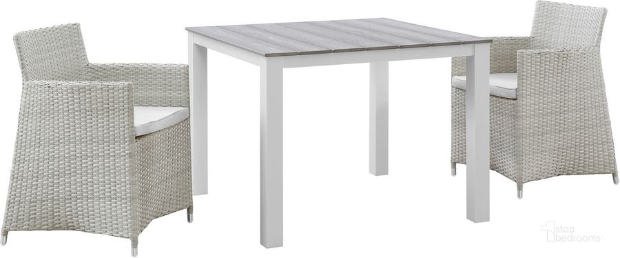 The appearance of Junction Gray and White 3 Piece Outdoor Patio Wicker Dining Set designed by Modway in the modern / contemporary interior design. This gray and white piece of furniture  was selected by 1StopBedrooms from Junction Collection to add a touch of cosiness and style into your home. Sku: EEI-1742-GRY-WHI-SET. Table Base Style: Legs. Table Top Shape: Square. Material: Polyester. Product Type: Outdoor Dining Set. Image1