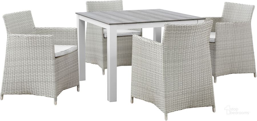 The appearance of Junction Gray and White 5 Piece Outdoor Patio Dining Set EEI-1744-GRY-WHI-SET designed by Modway in the modern / contemporary interior design. This gray and white piece of furniture  was selected by 1StopBedrooms from Junction Collection to add a touch of cosiness and style into your home. Sku: EEI-1744-GRY-WHI-SET. Table Base Style: Legs. Table Top Shape: Square. Material: Aluminum. Product Type: Outdoor Dining Set. Image1