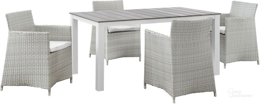 The appearance of Junction Gray and White 5 Piece Outdoor Patio Dining Set EEI-1746-GRY-WHI-SET designed by Modway in the modern / contemporary interior design. This gray and white piece of furniture  was selected by 1StopBedrooms from Junction Collection to add a touch of cosiness and style into your home. Sku: EEI-1746-GRY-WHI-SET. Table Base Style: Legs. Material: Polyester. Table Top Shape: Rectangular. Product Type: Outdoor Dining Set. Image1