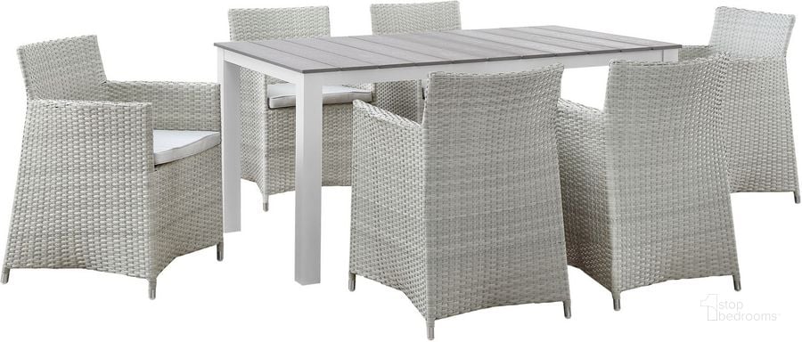 The appearance of Junction Gray and White 7 Piece Outdoor Patio Dining Set EEI-1748-GRY-WHI-SET designed by Modway in the modern / contemporary interior design. This gray and white piece of furniture  was selected by 1StopBedrooms from Junction Collection to add a touch of cosiness and style into your home. Sku: EEI-1748-GRY-WHI-SET. Table Base Style: Legs. Material: Polyester. Table Top Shape: Rectangular. Product Type: Outdoor Dining Set. Image1