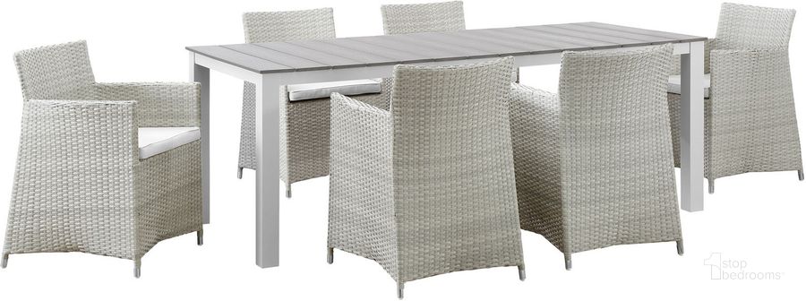 The appearance of Junction Gray and White 7 Piece Outdoor Patio Dining Set EEI-1750-GRY-WHI-SET designed by Modway in the modern / contemporary interior design. This gray and white piece of furniture  was selected by 1StopBedrooms from Junction Collection to add a touch of cosiness and style into your home. Sku: EEI-1750-GRY-WHI-SET. Table Base Style: Legs. Material: Polyester. Table Top Shape: Rectangular. Product Type: Outdoor Dining Set. Image1