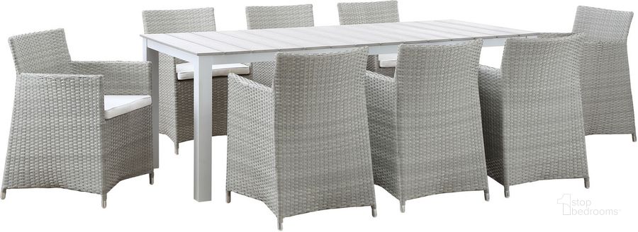 The appearance of Junction Gray and White 9 Piece Outdoor Patio Dining Set designed by Modway in the modern / contemporary interior design. This gray and white piece of furniture  was selected by 1StopBedrooms from Junction Collection to add a touch of cosiness and style into your home. Sku: EEI-1752-GRY-WHI-SET. Table Base Style: Legs. Material: Polyester. Table Top Shape: Rectangular. Product Type: Outdoor Dining Set. Image1