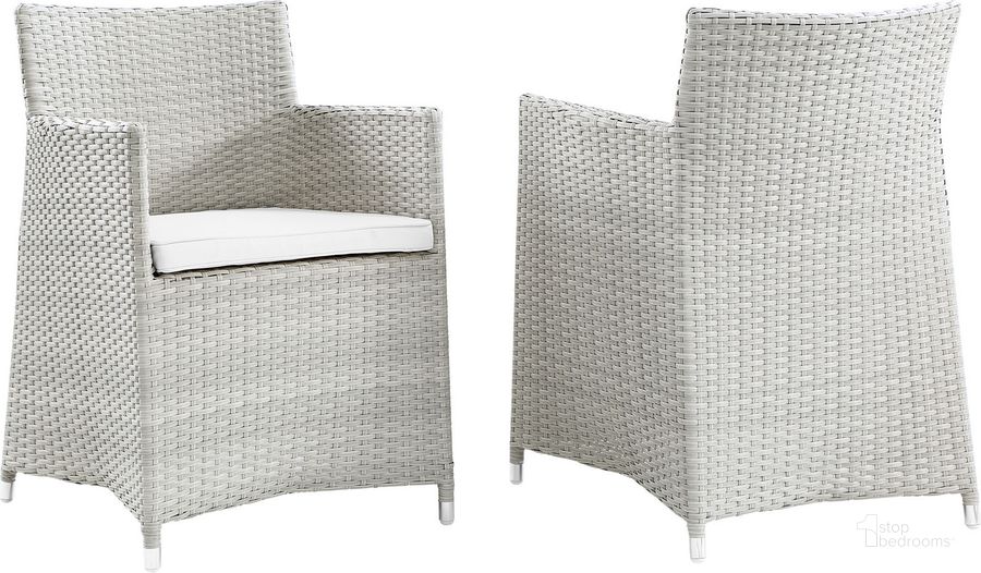 The appearance of Junction Gray and White Arm Chair Outdoor Patio Wicker Set of 2 designed by Modway in the modern / contemporary interior design. This gray and white piece of furniture  was selected by 1StopBedrooms from Junction Collection to add a touch of cosiness and style into your home. Sku: EEI-1738-GRY-WHI-SET. Material: Polyester. Product Type: Outdoor Dining Chair. Image1