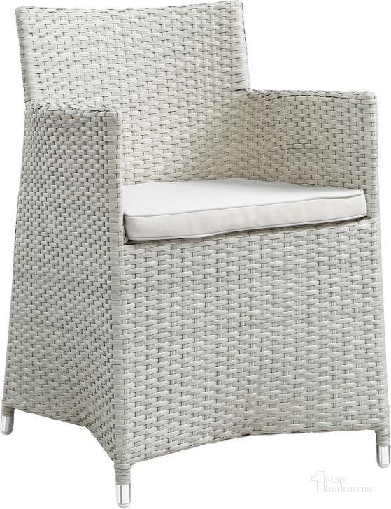 The appearance of Junction Gray and White Dining Outdoor Patio Arm Chair designed by Modway in the modern / contemporary interior design. This gray and white piece of furniture  was selected by 1StopBedrooms from Junction Collection to add a touch of cosiness and style into your home. Sku: EEI-1505-GRY-WHI. Material: Polyester. Product Type: Outdoor Dining Chair. Image1