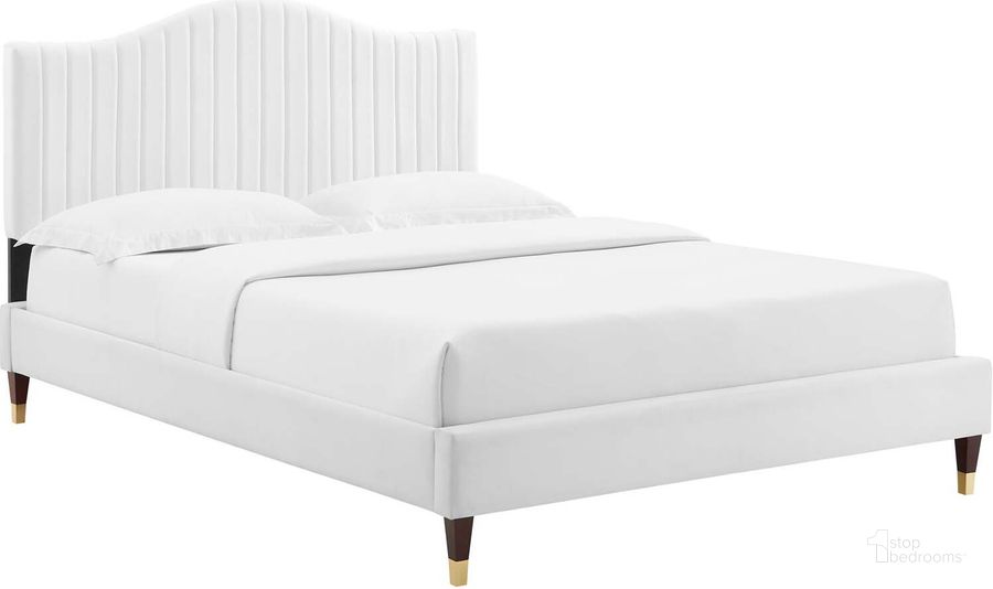The appearance of Juniper Channel Tufted Performance Velvet King Platform Bed MOD-6749-WHI designed by Modway in the modern / contemporary interior design. This white piece of furniture  was selected by 1StopBedrooms from Juniper Collection to add a touch of cosiness and style into your home. Sku: MOD-6749-WHI. Bed Type: Platform Bed. Product Type: Platform Bed. Bed Size: King. Material: MDF. Image1