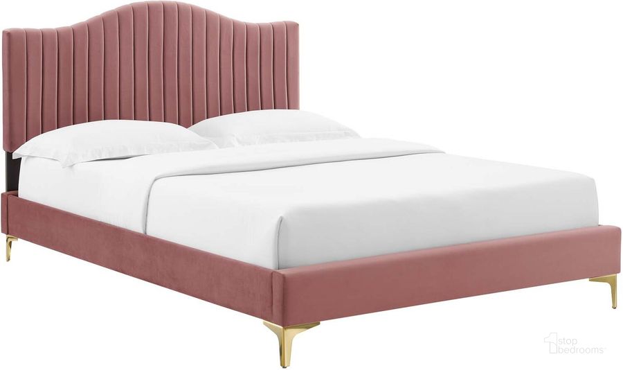 The appearance of Juniper Channel Tufted Performance Velvet Queen Platform Bed MOD-6739-DUS designed by Modway in the modern / contemporary interior design. This dusty rose piece of furniture  was selected by 1StopBedrooms from Juniper Collection to add a touch of cosiness and style into your home. Sku: MOD-6739-DUS. Bed Type: Platform Bed. Product Type: Platform Bed. Bed Size: Queen. Material: MDF. Image1