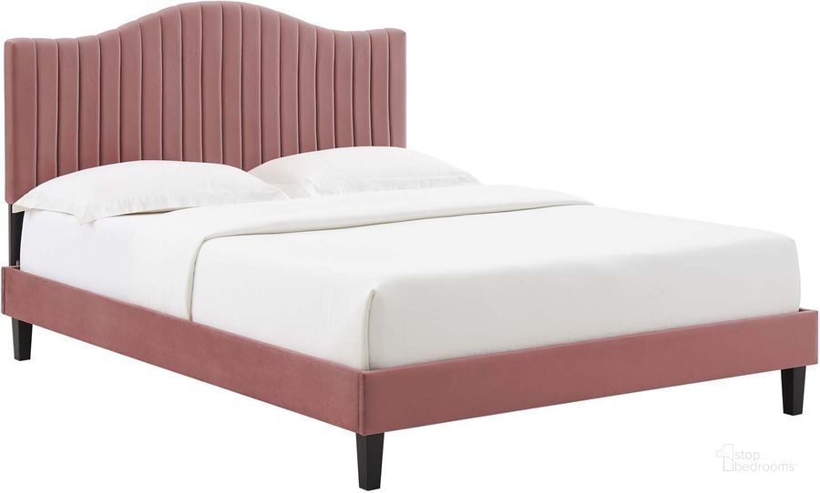 The appearance of Juniper Channel Tufted Performance Velvet Queen Platform Bed MOD-6741-DUS designed by Modway in the modern / contemporary interior design. This dusty rose piece of furniture  was selected by 1StopBedrooms from Juniper Collection to add a touch of cosiness and style into your home. Sku: MOD-6741-DUS. Bed Type: Platform Bed. Product Type: Platform Bed. Bed Size: Queen. Material: MDF. Image1