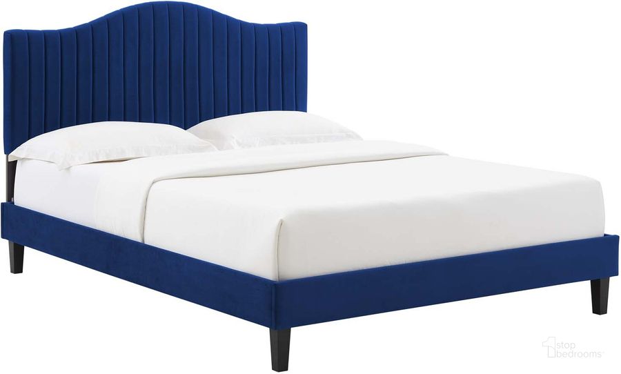 The appearance of Juniper Channel Tufted Performance Velvet Queen Platform Bed MOD-6741-NAV designed by Modway in the modern / contemporary interior design. This navy piece of furniture  was selected by 1StopBedrooms from Juniper Collection to add a touch of cosiness and style into your home. Sku: MOD-6741-NAV. Bed Type: Platform Bed. Product Type: Platform Bed. Bed Size: Queen. Material: MDF. Image1
